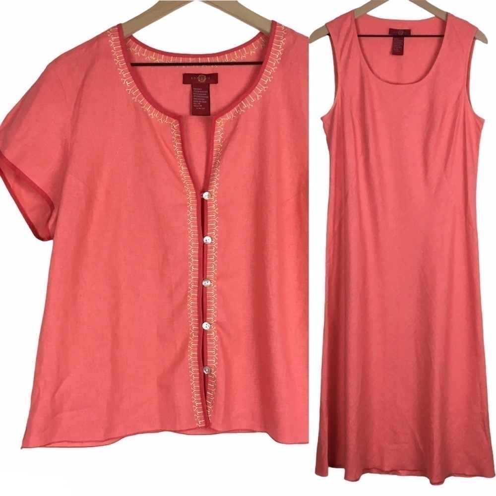 SANGRIA Linen Jacket Dress Shacket Set Embroidered Spring Lightweight Size 14